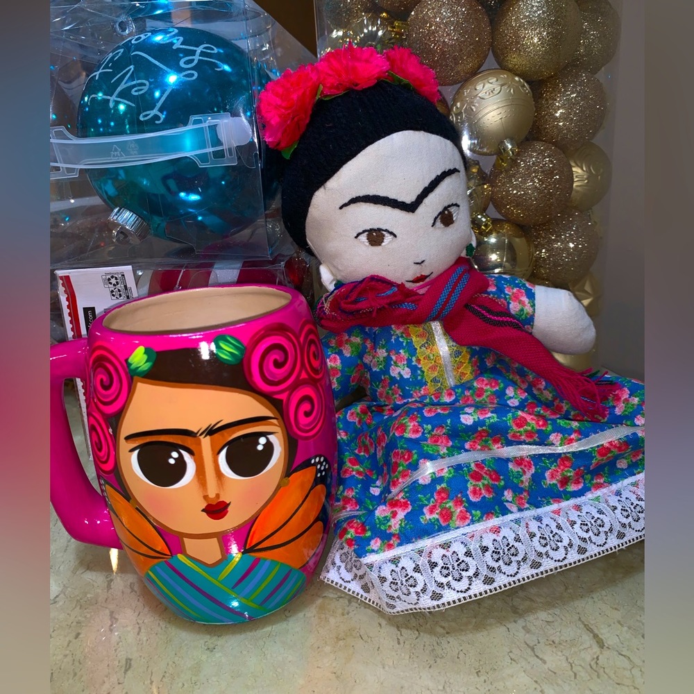Frida Kahlo Mexican doll decor and pink coffee cup